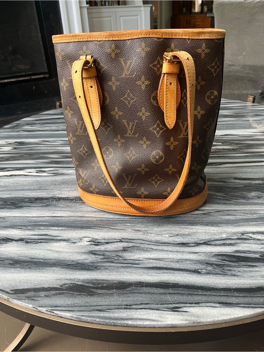 Monogram Canvas Bucket Tote Shoulder Bag - Brown/Tan